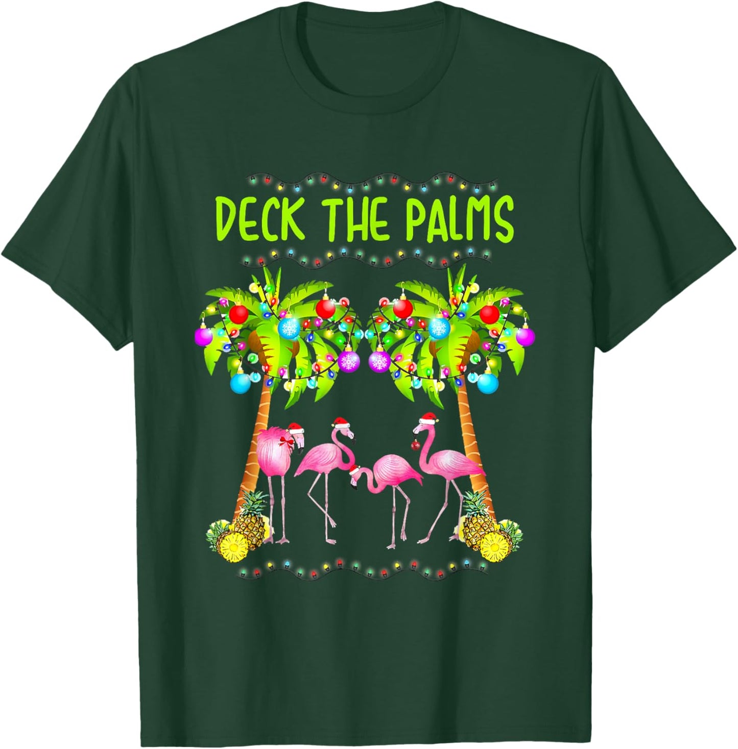 Deck The Palms Merry Flamingo Christmas Palm Tree Funny Xmas T-Shirt - T-Shirt | Forest