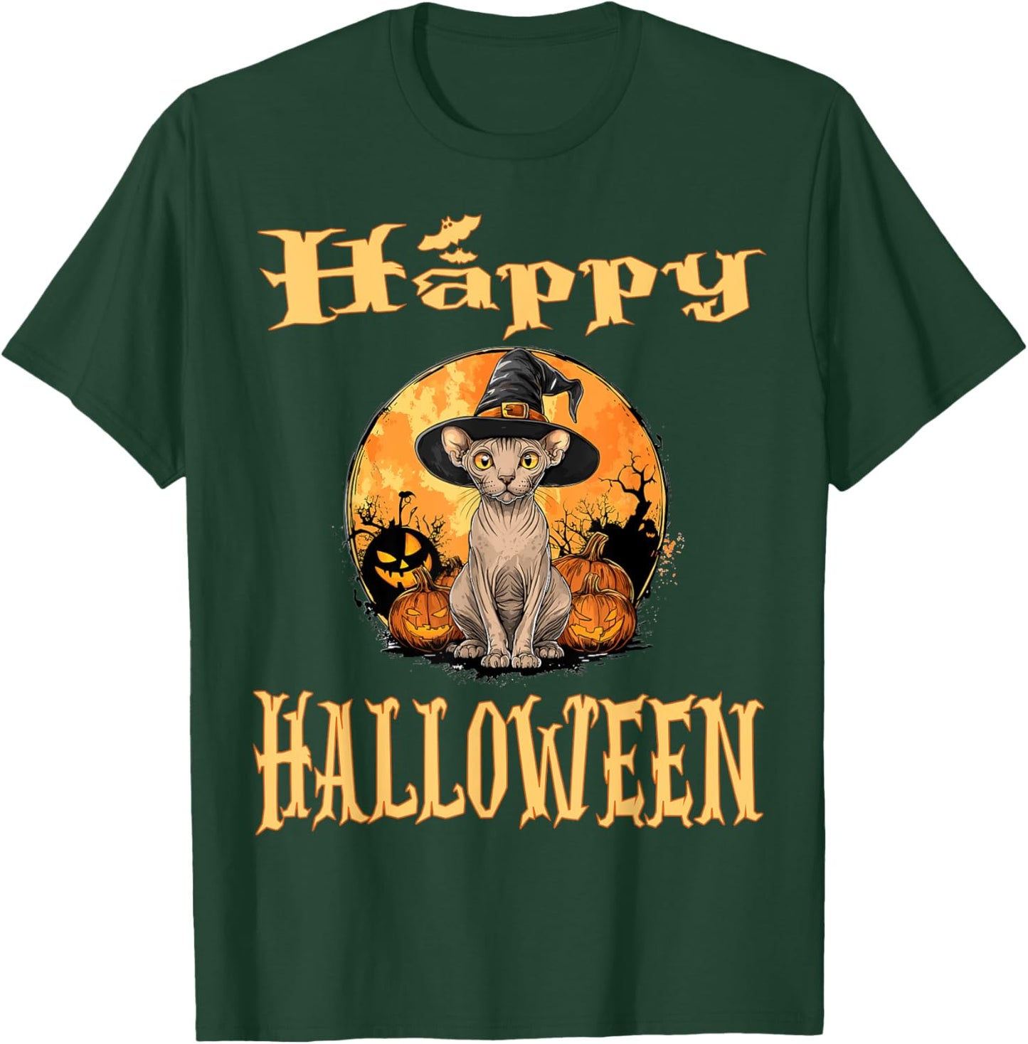 Sphynx Cat Animal Whitch Hat Halloween Pumpkin Spooky Happy Women Kids T-Shirt - T-Shirt | Forest