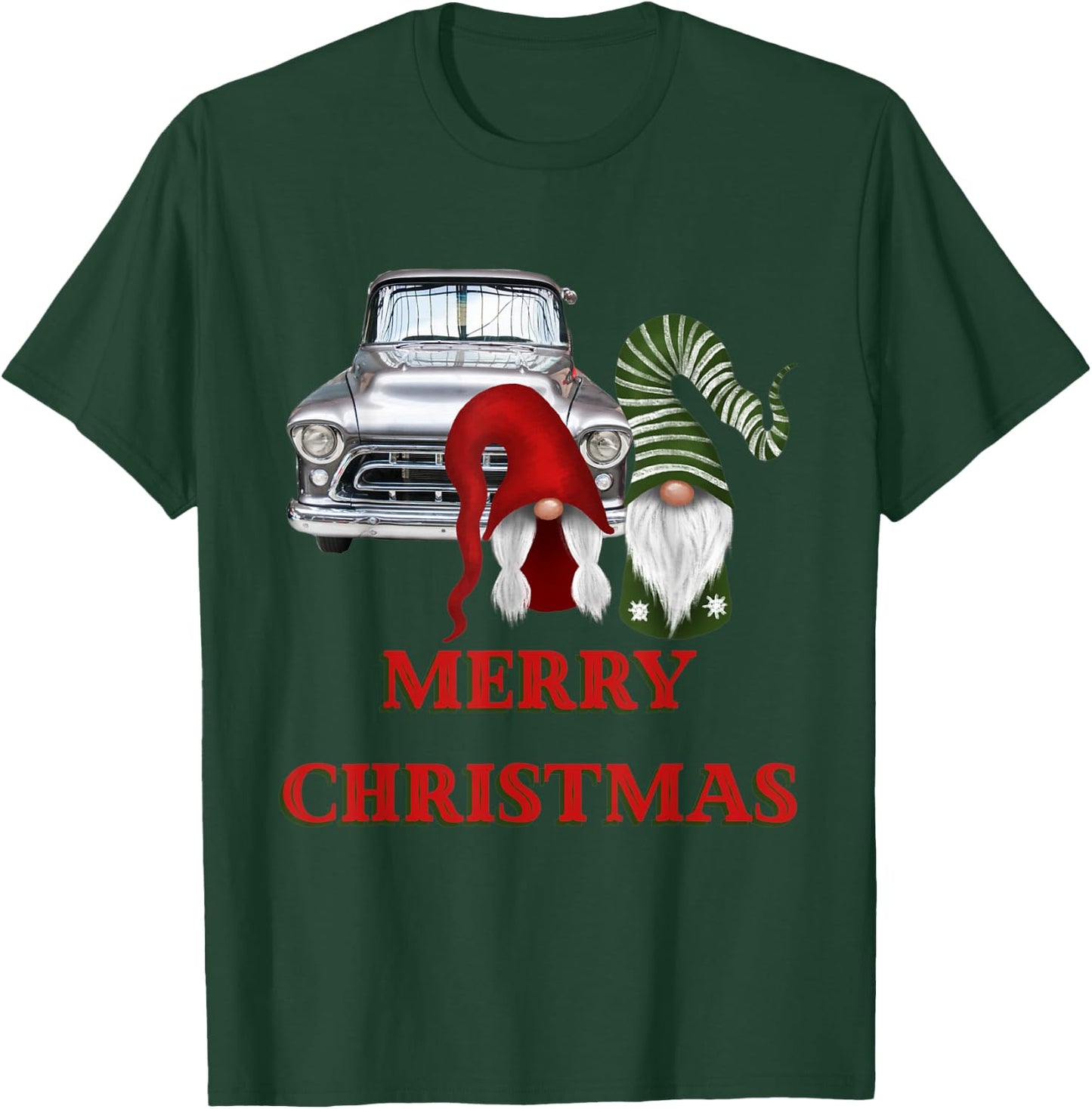 Merry Gnome Couple Old Pickup Truck Christmas Hotrod Holiday T-Shirt - T-Shirt | Forest