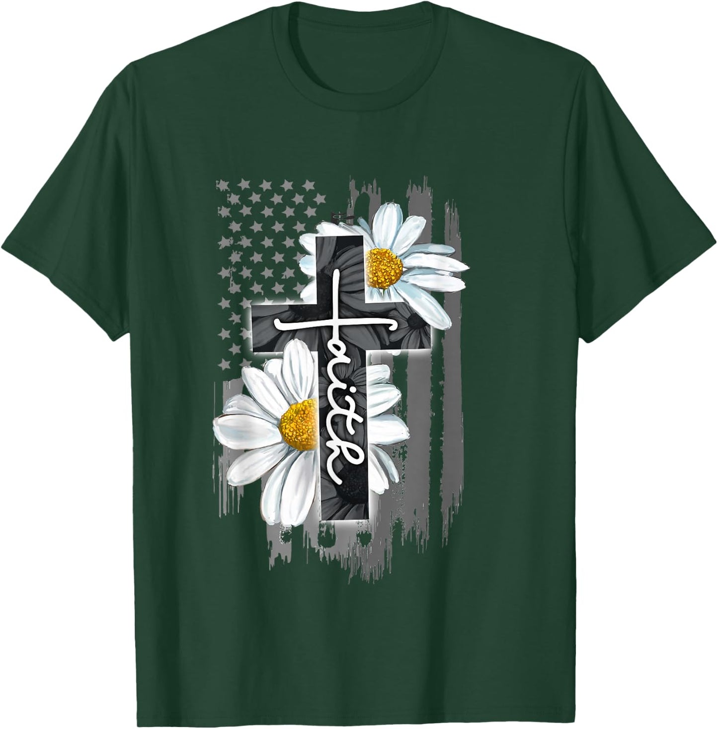 Faith American Flag Daisy Christian Faith Jesus God Lover T-Shirt - T-Shirt | Forest