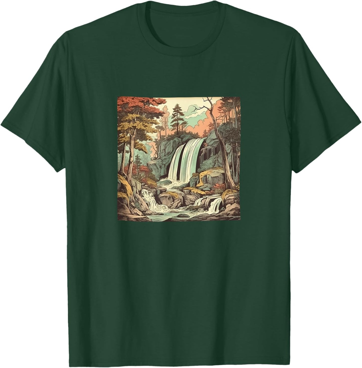 Waterfall In A Forest Vintage Landscape Graphic T-Shirt - T-Shirt | Forest