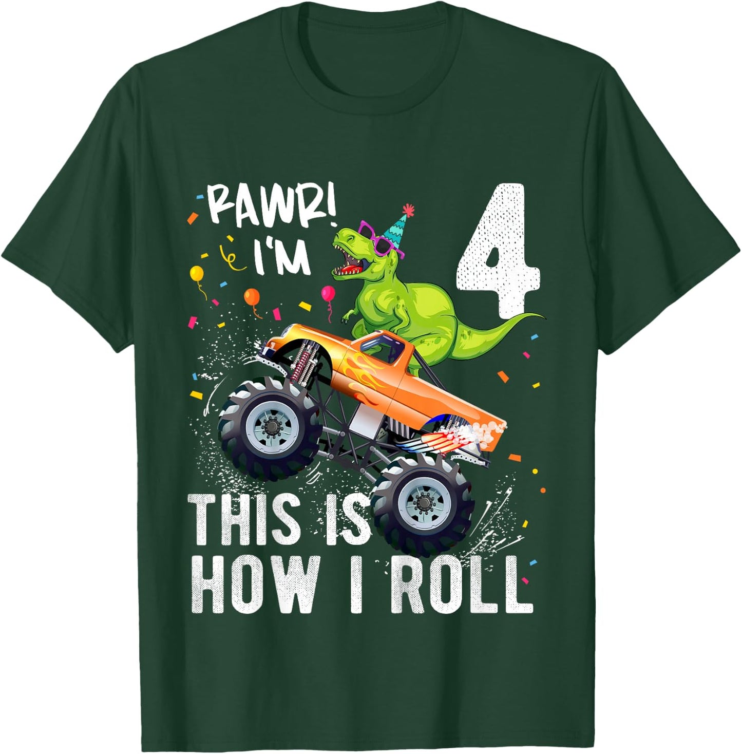 T Rex Dinosaur Monster Truck 4th Birthday Boys and Girls T-Shirt - T-Shirt | Forest