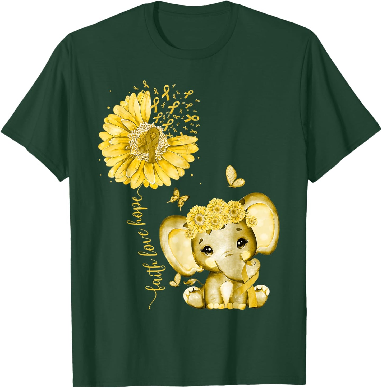 Childhood Cancer Cute Elephant With Sunflower Gold Ribbon T-Shirt - T-Shirt | Forest