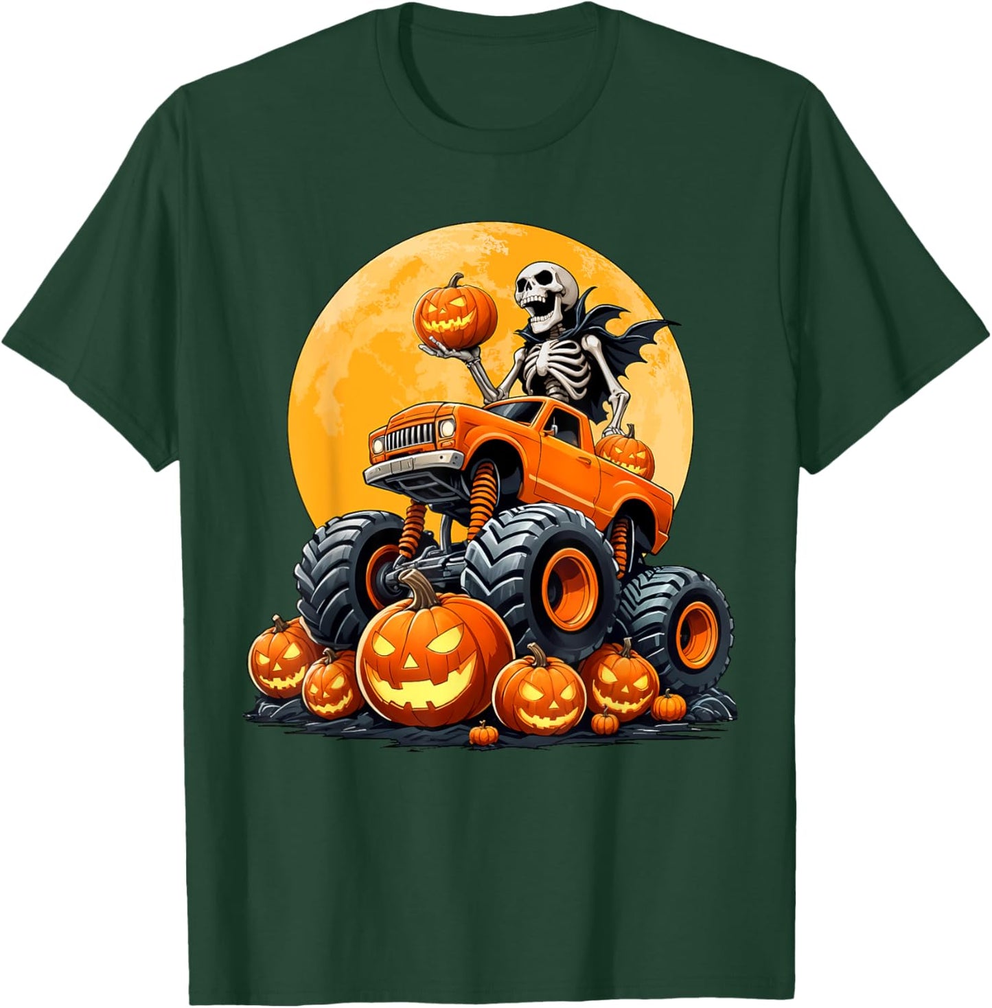 Skeleton Riding Monster Truck Halloween Pumpkin Kids Toddler T-Shirt - T-Shirt | Forest