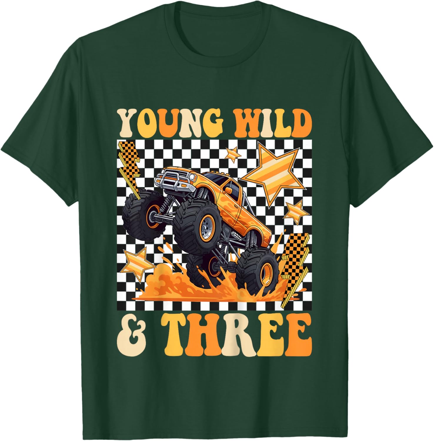 3rd Birthday Monster Truck Young Wild and Three Checkered T-Shirt - T-Shirt | Forest