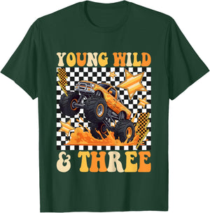 3rd Birthday Monster Truck Young Wild and Three Checkered T-Shirt - T-Shirt | Forest