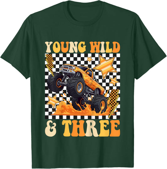 3rd Birthday Monster Truck Young Wild and Three Checkered T-Shirt - T-Shirt | Forest