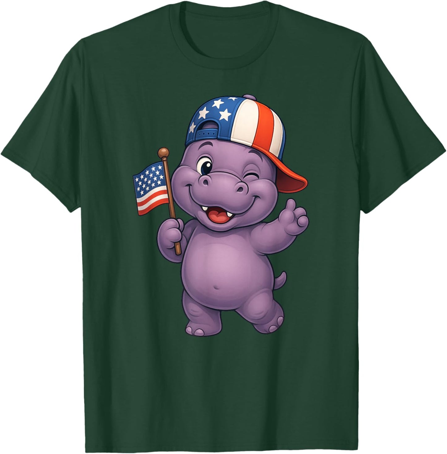 Hippo USA Flag 4th July Independence Day Boys Girls Kids T-Shirt - T-Shirt | Forest