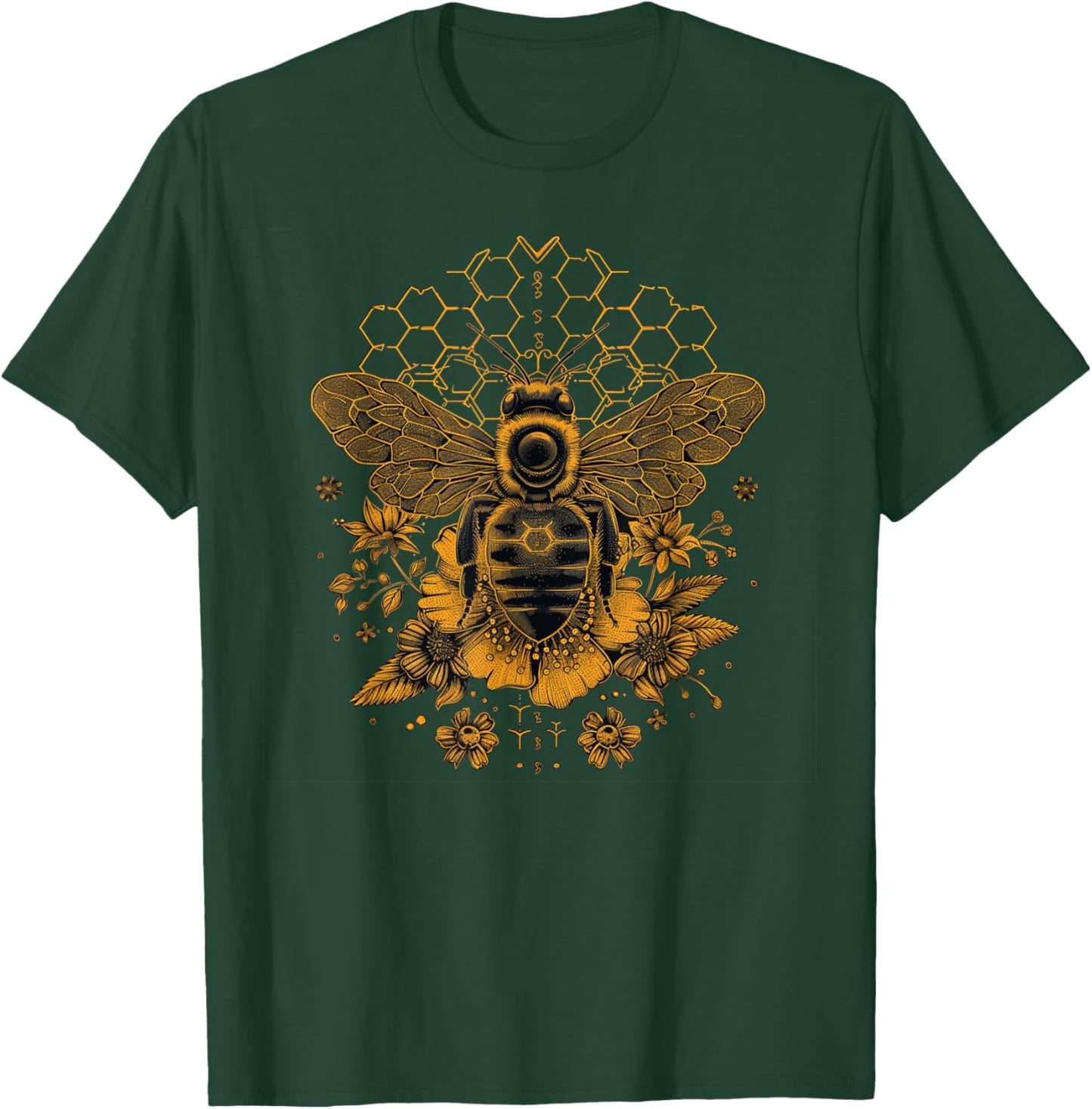 Honeybee Harmony: Floral Sacred Geometry Honeycomb and Bee T-Shirt - T-Shirt | Forest