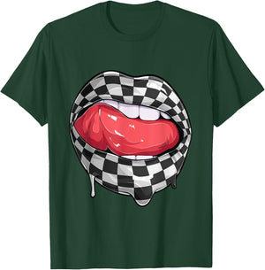 Funny Checkered Black White Lip Racer Race racing car Women T-Shirt - T-Shirt | Forest