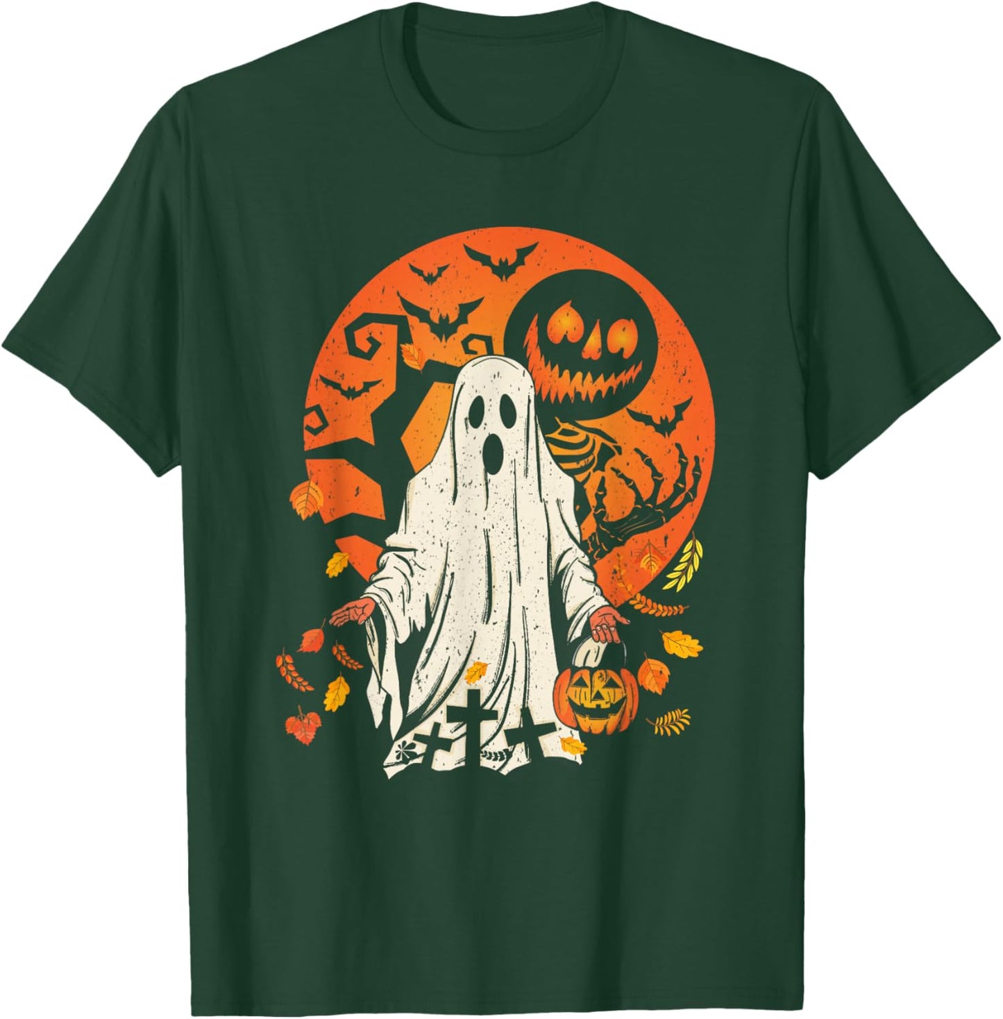 Cute Pumpkin Ghost And Autumn Leaves Halloween T-Shirt - T-Shirt | Forest