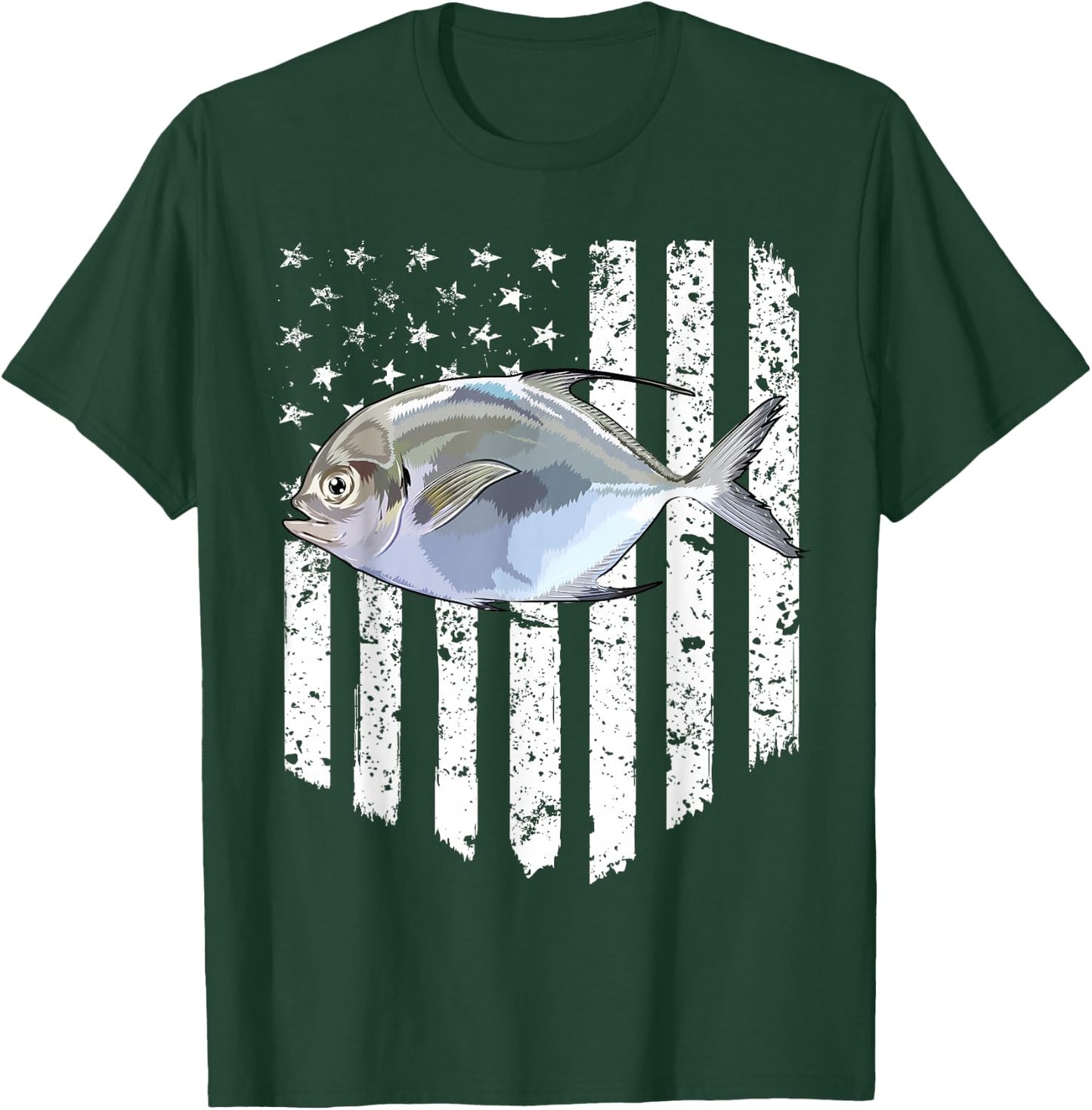 Black White American Flag Pompano 4th Of July Fish T-Shirt - T-Shirt | Forest