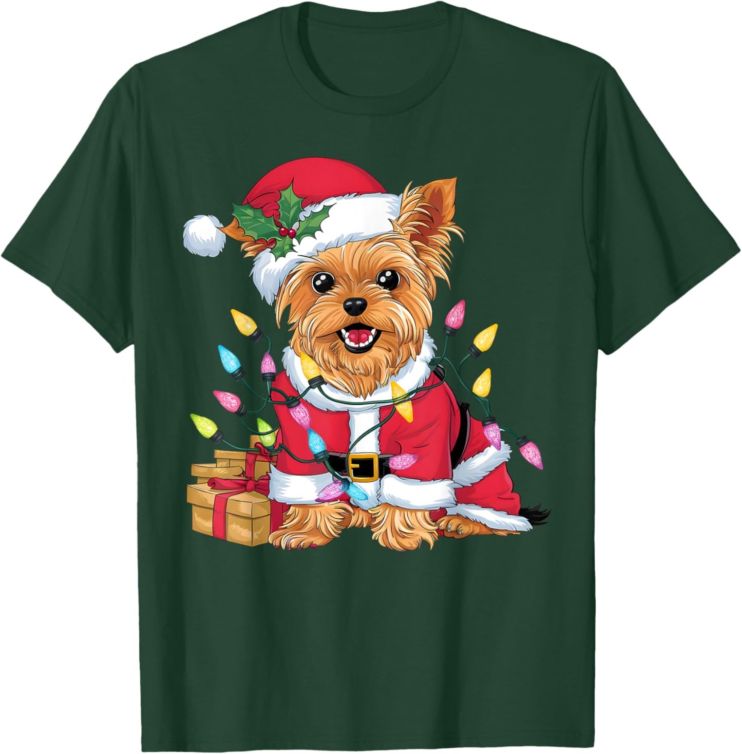 Family Xmas Lighting Santa Yorkie Dog Christmas T-Shirt - T-Shirt | Forest