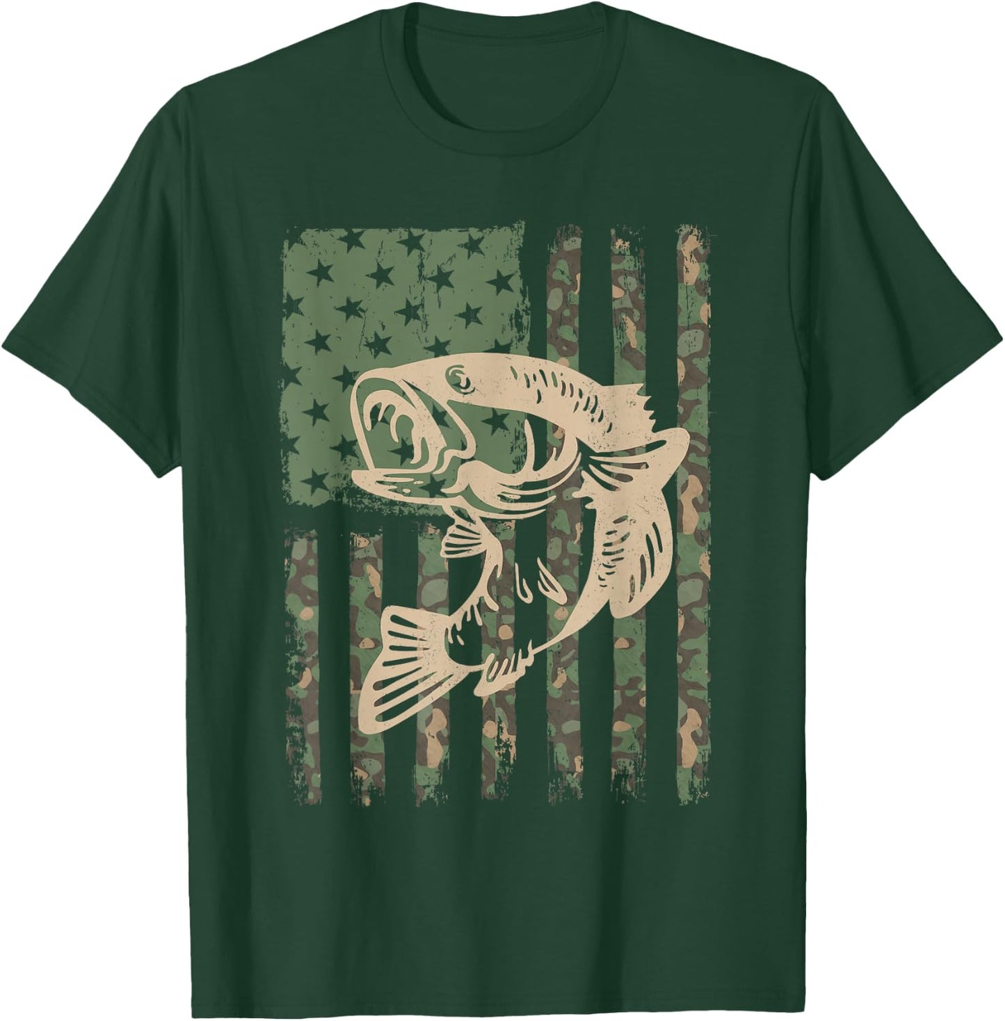 Camouflage USA Flag Big Mouth Bass Fishing T-Shirt - T-Shirt | Forest