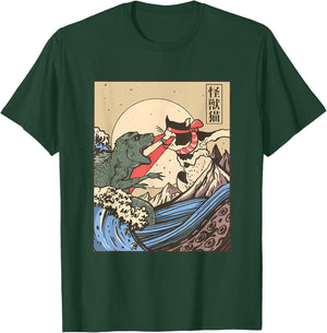 Kaiju Monster vs Cat Laser Eye Fight Japanese Zilla T-Shirt - T-Shirt | Forest