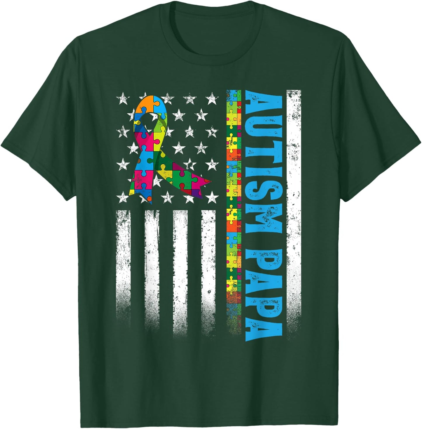 Retro American Flag Autism Papa Awareness Autistic T-Shirt - T-Shirt | Forest