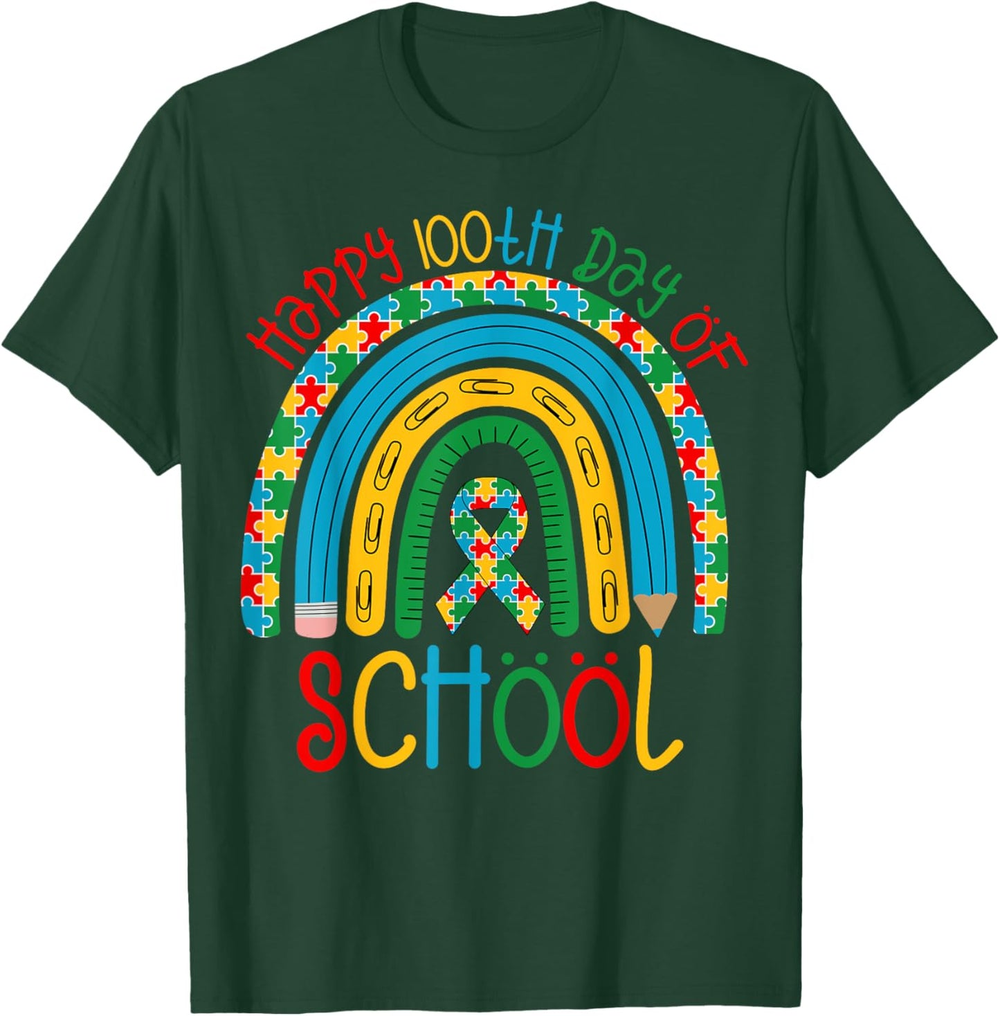 Happy 100th Days of School - Autism Puzzle Ribbon Awareness T-Shirt - T-Shirt | Forest