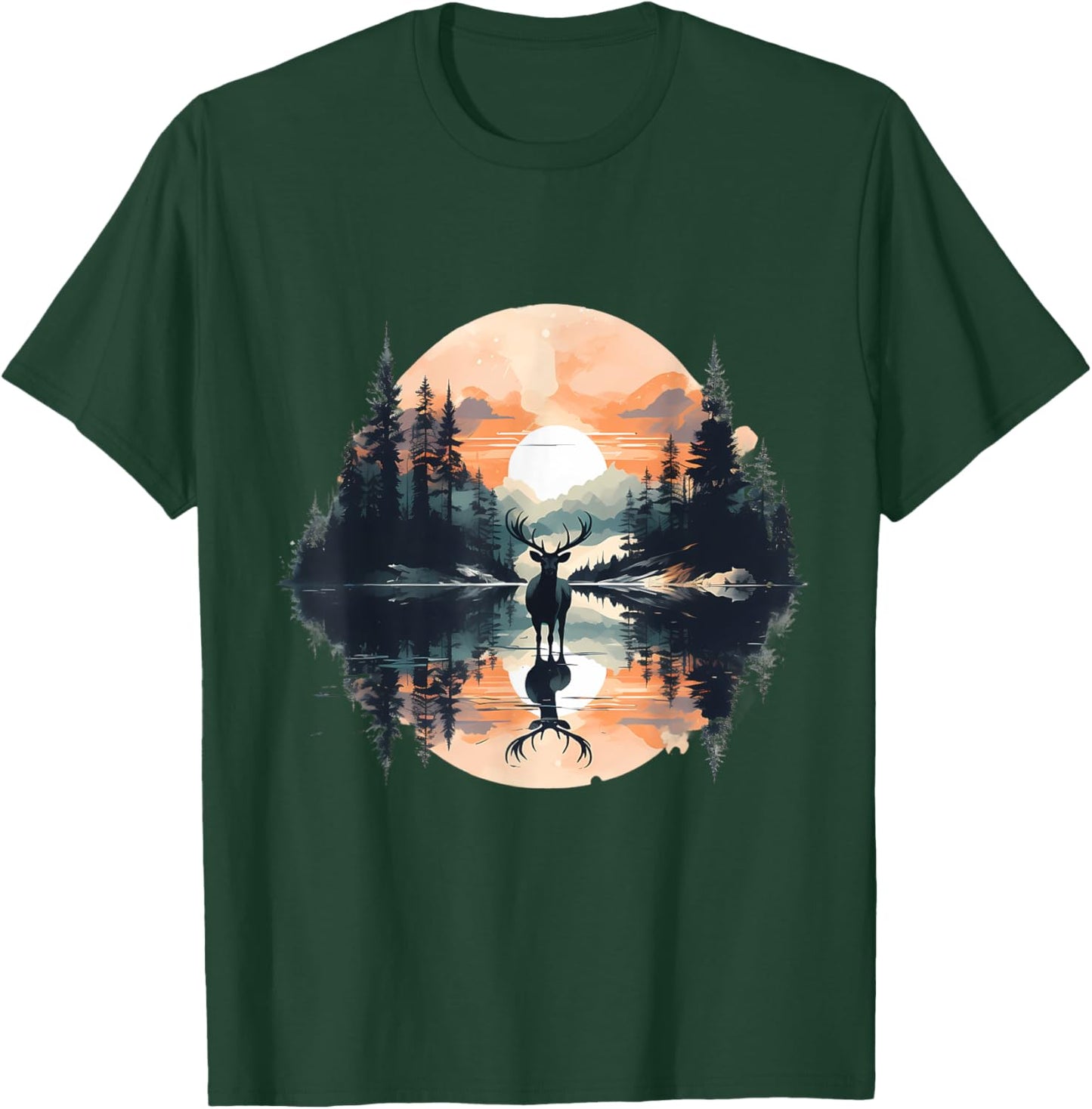 Deer Landscape Moon Motif Animal Lovers Forest Wildlife T-Shirt - T-Shirt | Forest