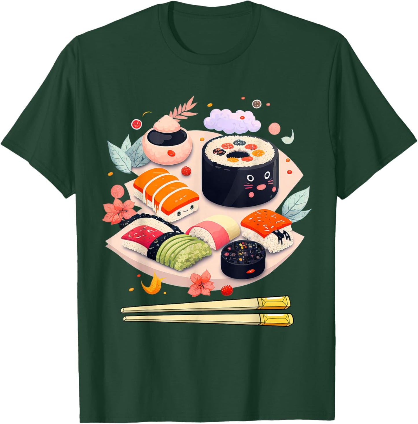 Happy Sushi Anime Kawaii Set Japanese Food Lover Otaku Manga T-Shirt - T-Shirt | Forest