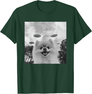 Cute Pomeranian Dog Selfie With UFO UAP Invasion Alien T-Shirt - T-Shirt | Forest