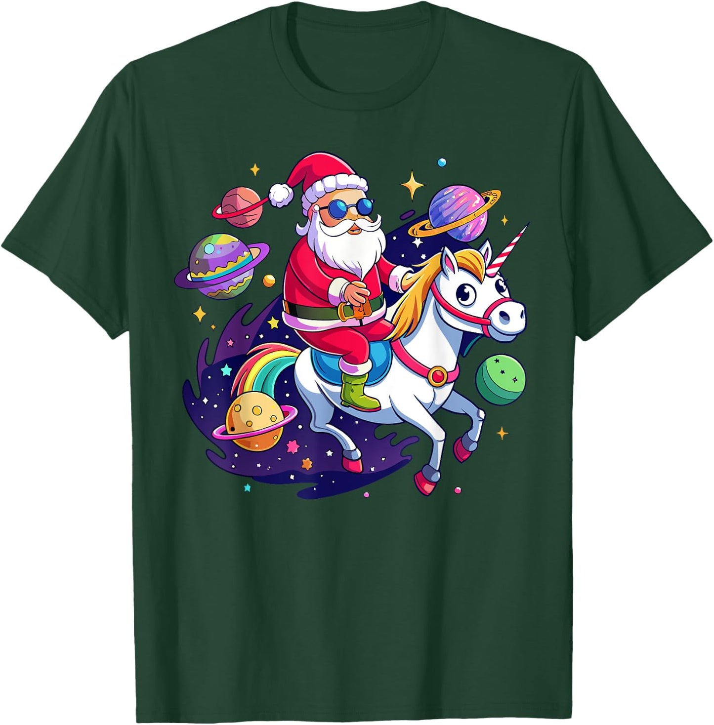 Christmas Santa Riding Unicorn Cute Xmas Holiday Girls Women T-Shirt - T-Shirt | Forest