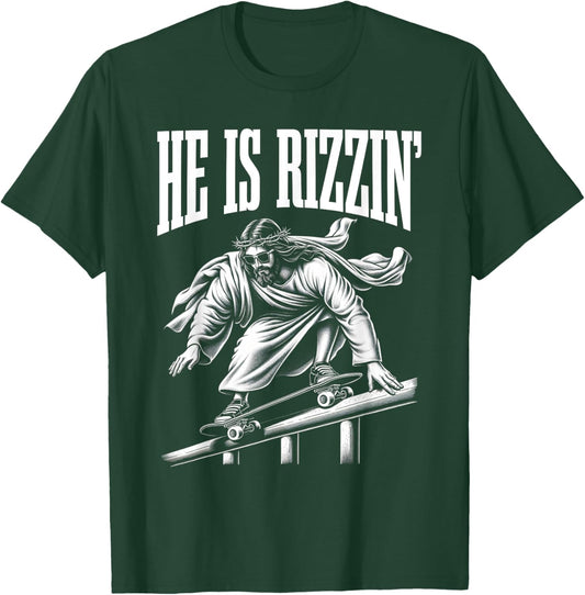 He Is Rizzin Funny Jesus Skateboard Meme T-Shirt - T-Shirt | Forest