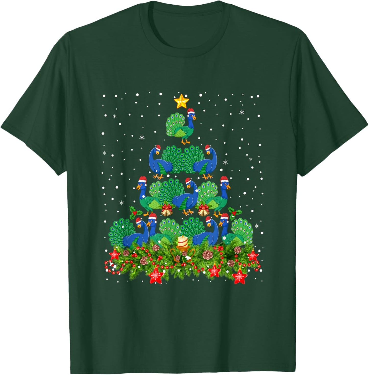 Peacock Bird Xmas Tree - Santa Hat Peacock Christmas T-Shirt - T-Shirt | Forest