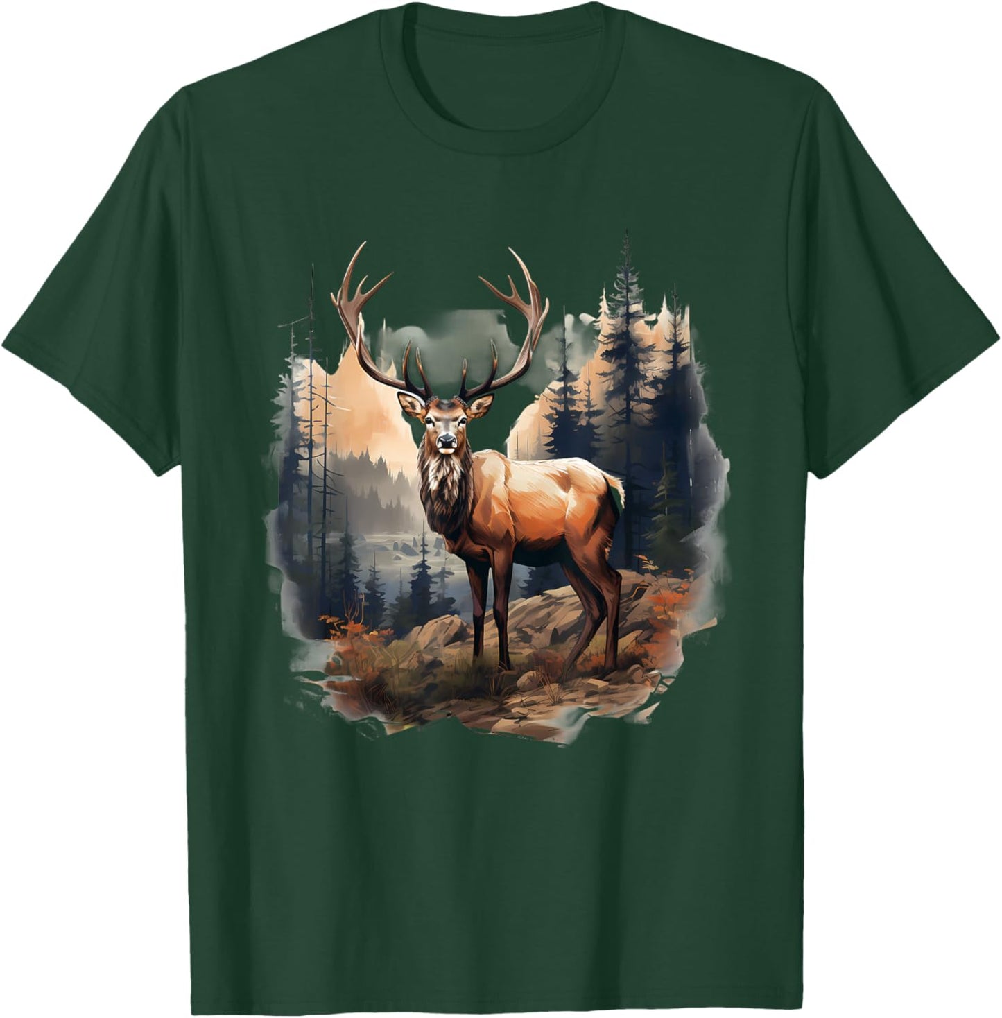 Deer Forest Landscape Wildlife Artwork Nature Animal Lovers T-Shirt - T-Shirt | Forest