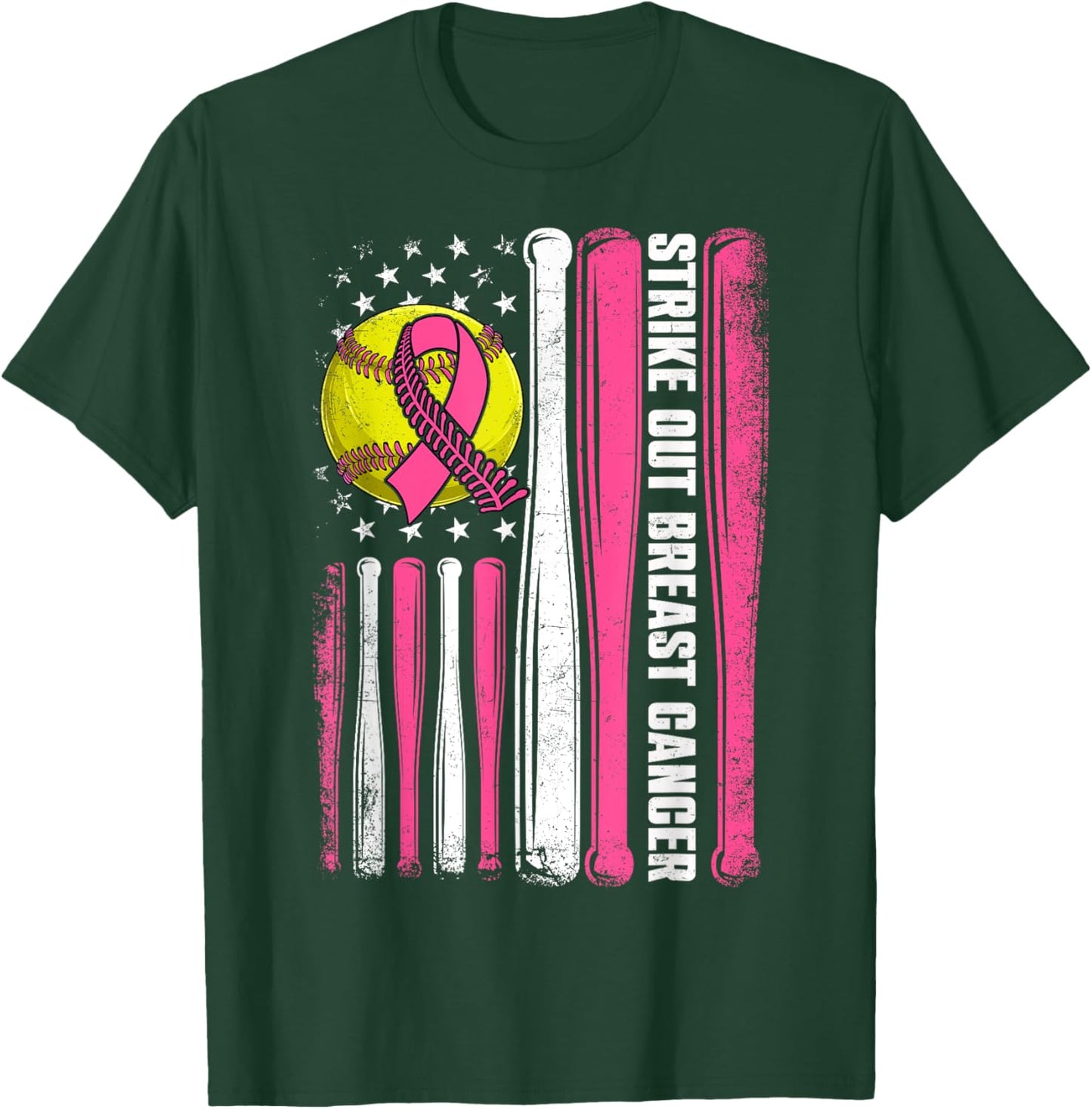 Strike Out Breast Cancer Softball American Flag Women Girls T-Shirt - T-Shirt | Forest