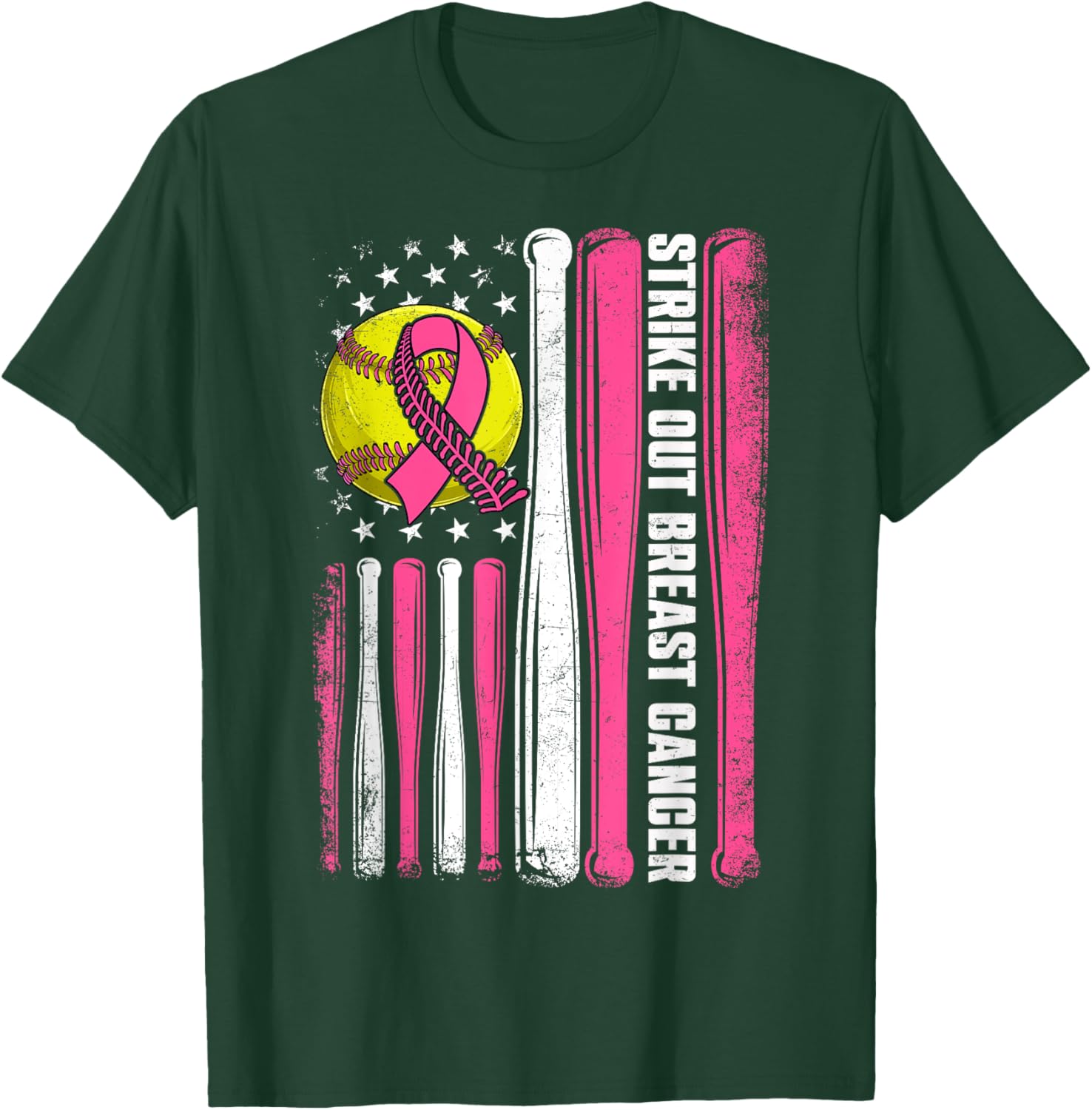 Strike Out Breast Cancer Softball American Flag Women Girls T-Shirt - T-Shirt | Forest