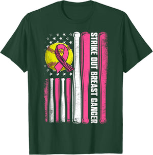 Strike Out Breast Cancer Softball American Flag Women Girls T-Shirt - T-Shirt | Forest