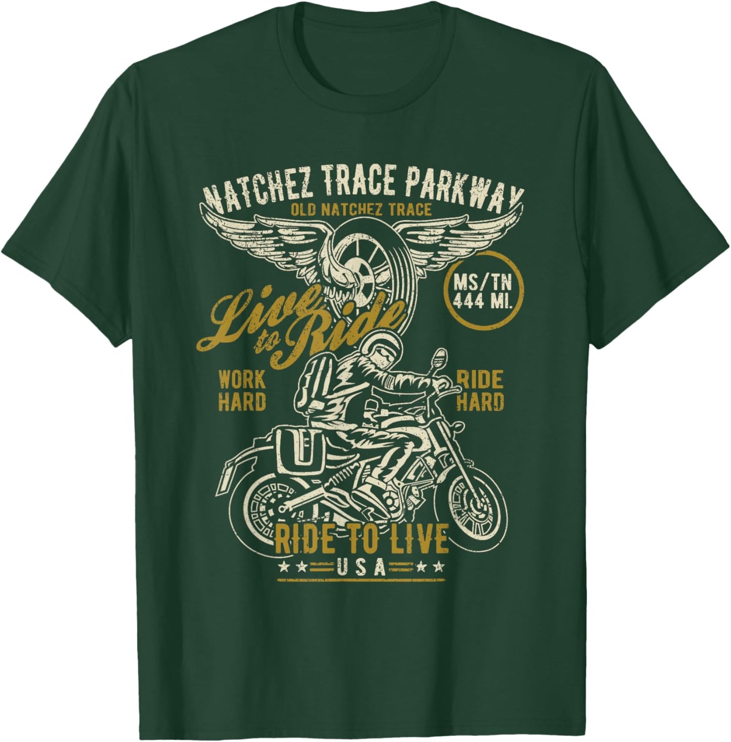 Natchez Trace Parkway MS TN USA Motorcycle Distressed Design T-Shirt - T-Shirt | Forest