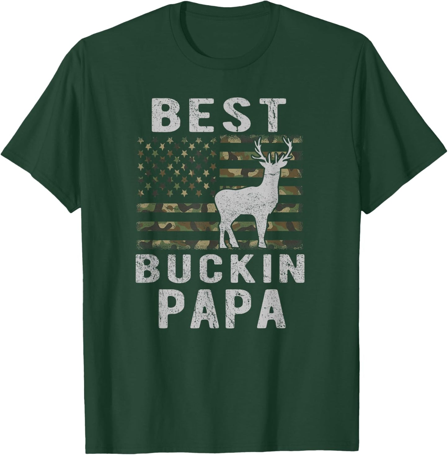 Best Bucking Papa Camouflage American Flag Deer Hunting T-Shirt - T-Shirt | Forest