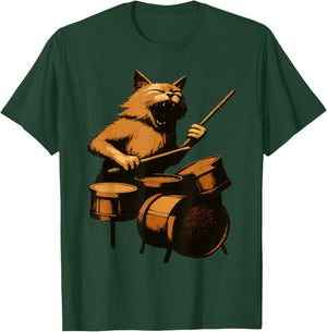 Funny Cat Playing Drums Drumming Drummer Music Player Band T-Shirt - T-Shirt | Forest