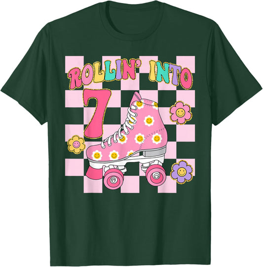 Rolling Into 7 Years Old Girl 7th Birthday Roller Skater T-Shirt - T-Shirt | Forest