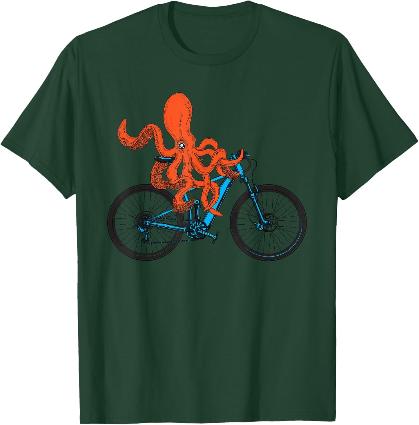 Octopus On Bicycle Cycling Eight Long Arms Graphic Print T-Shirt - T-Shirt | Forest