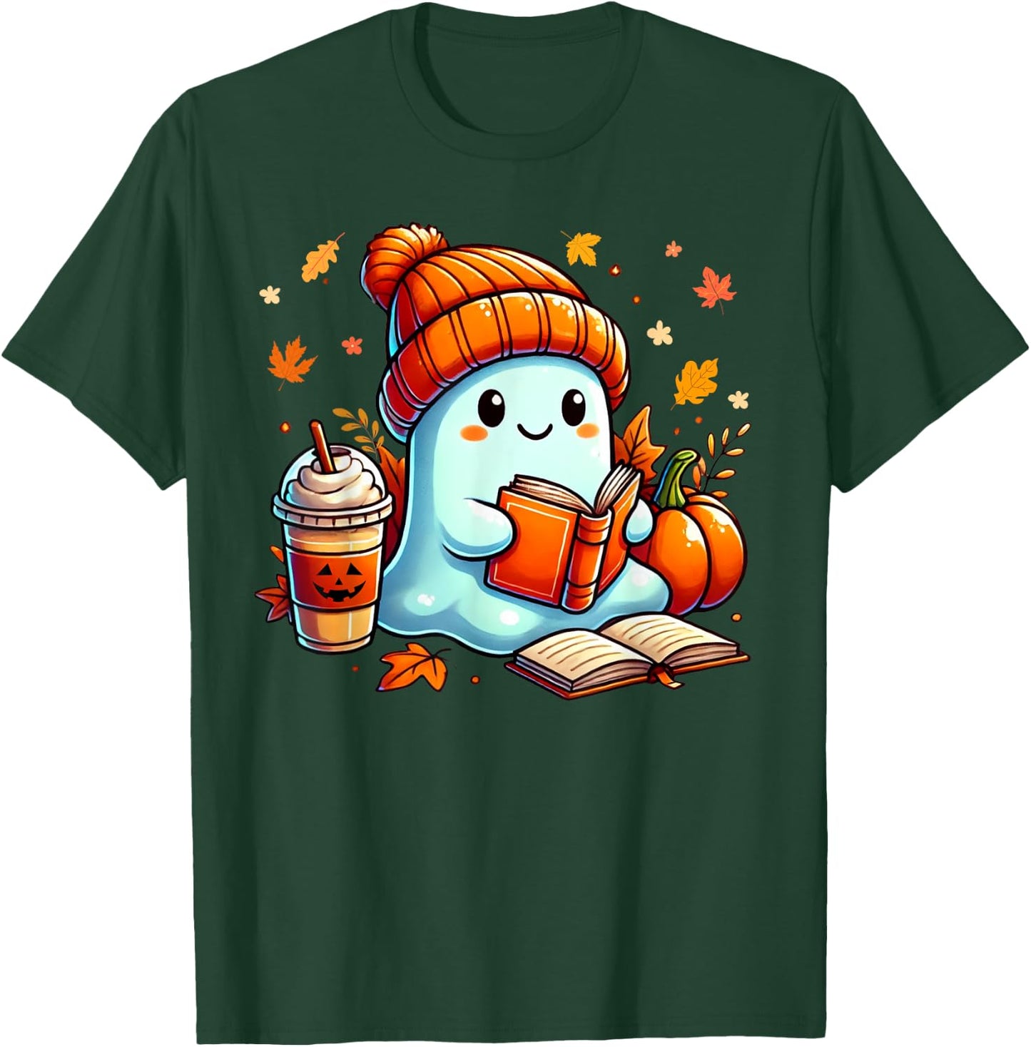 Cute Ghost Reading Book Lovers Halloween Coffee and Book T-Shirt - T-Shirt | Forest