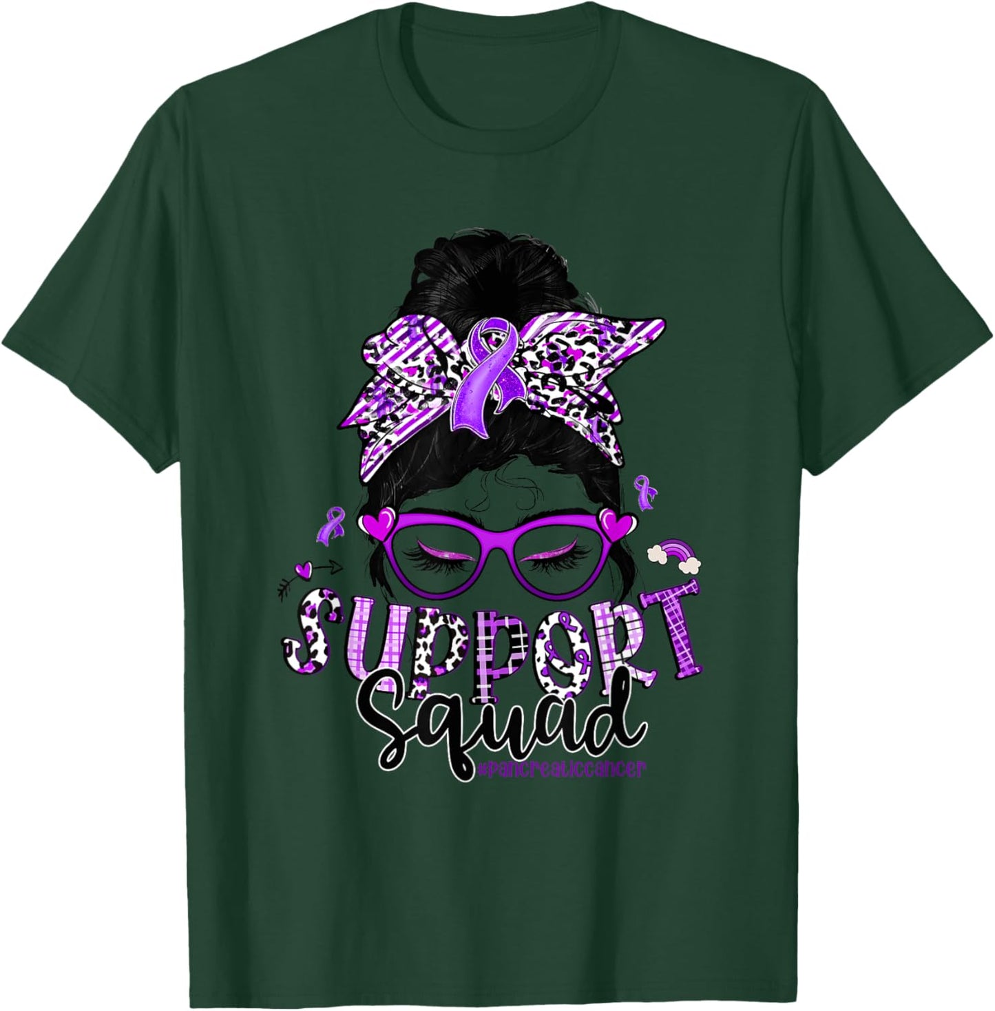 Leopard Messy Bun Support Squad Pancreatic Cancer T-Shirt - T-Shirt | Forest