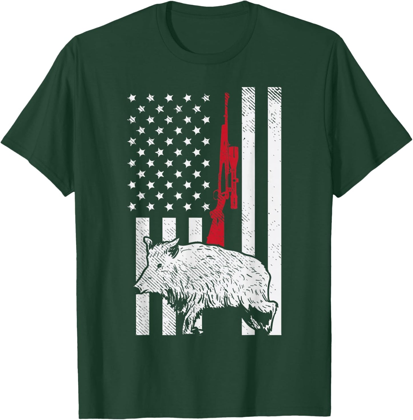 American Flag Rifle Hog Boar Pig Gun Hunting USA Hunter Gift T-Shirt - T-Shirt | Forest