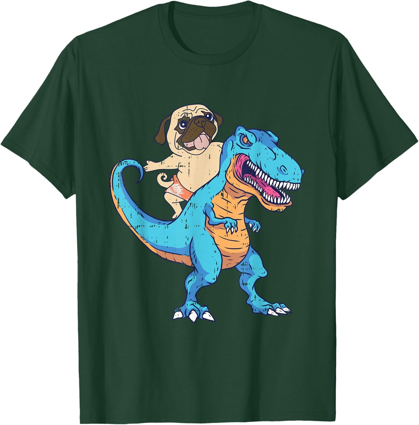 Pug Riding T-Rex Surfing Dinosaur Funny Dog Lover Gifts Women Girls Kids T-Shirt - T-Shirt | Forest