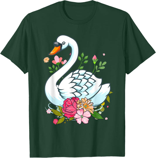 Cool Swan Girls Swans Floral Waterfowl Bird Flower T-Shirt - T-Shirt | Forest
