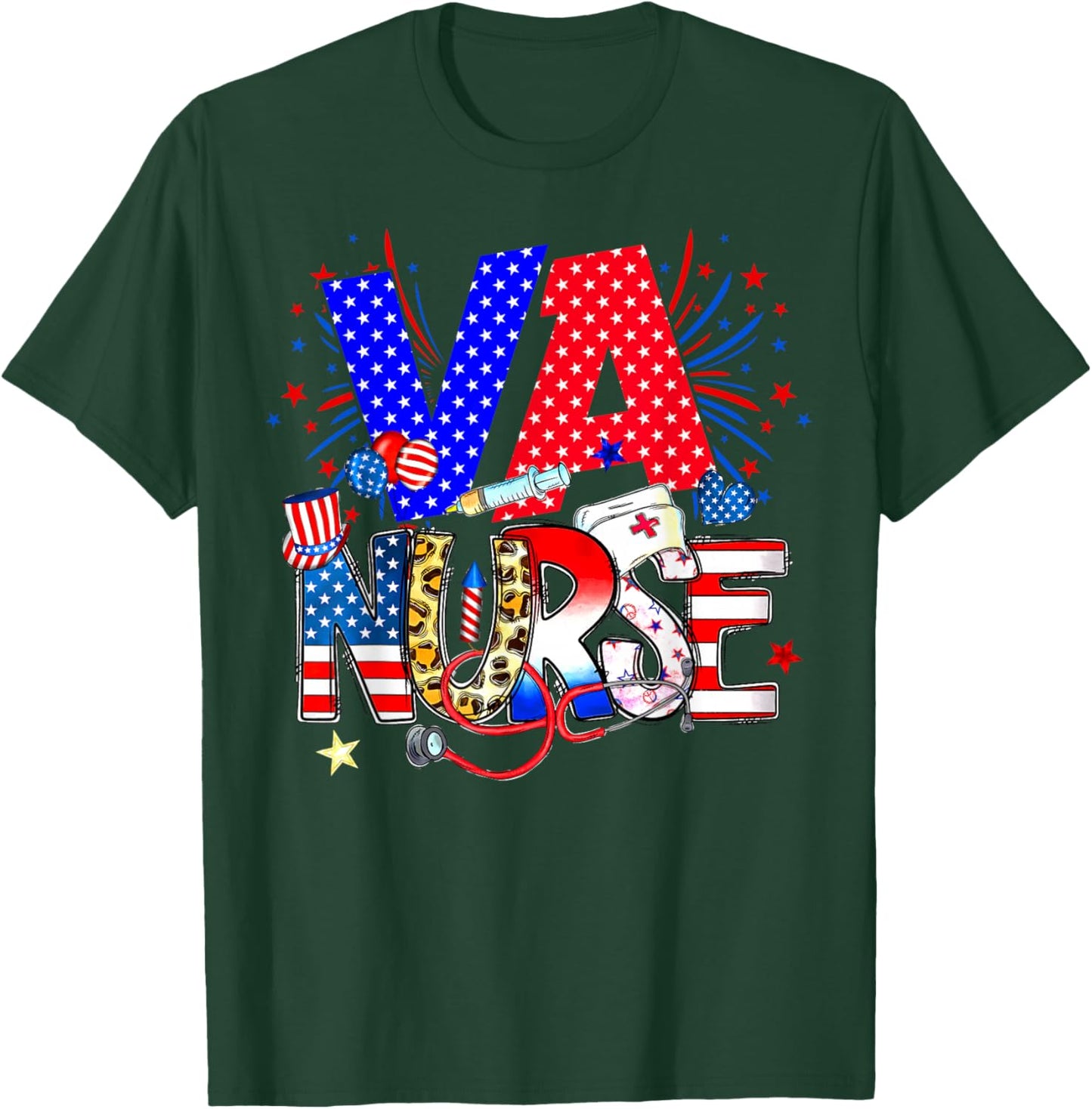 VA Nurse 4th Of July American Flag Stethoscope T-Shirt - T-Shirt | Forest