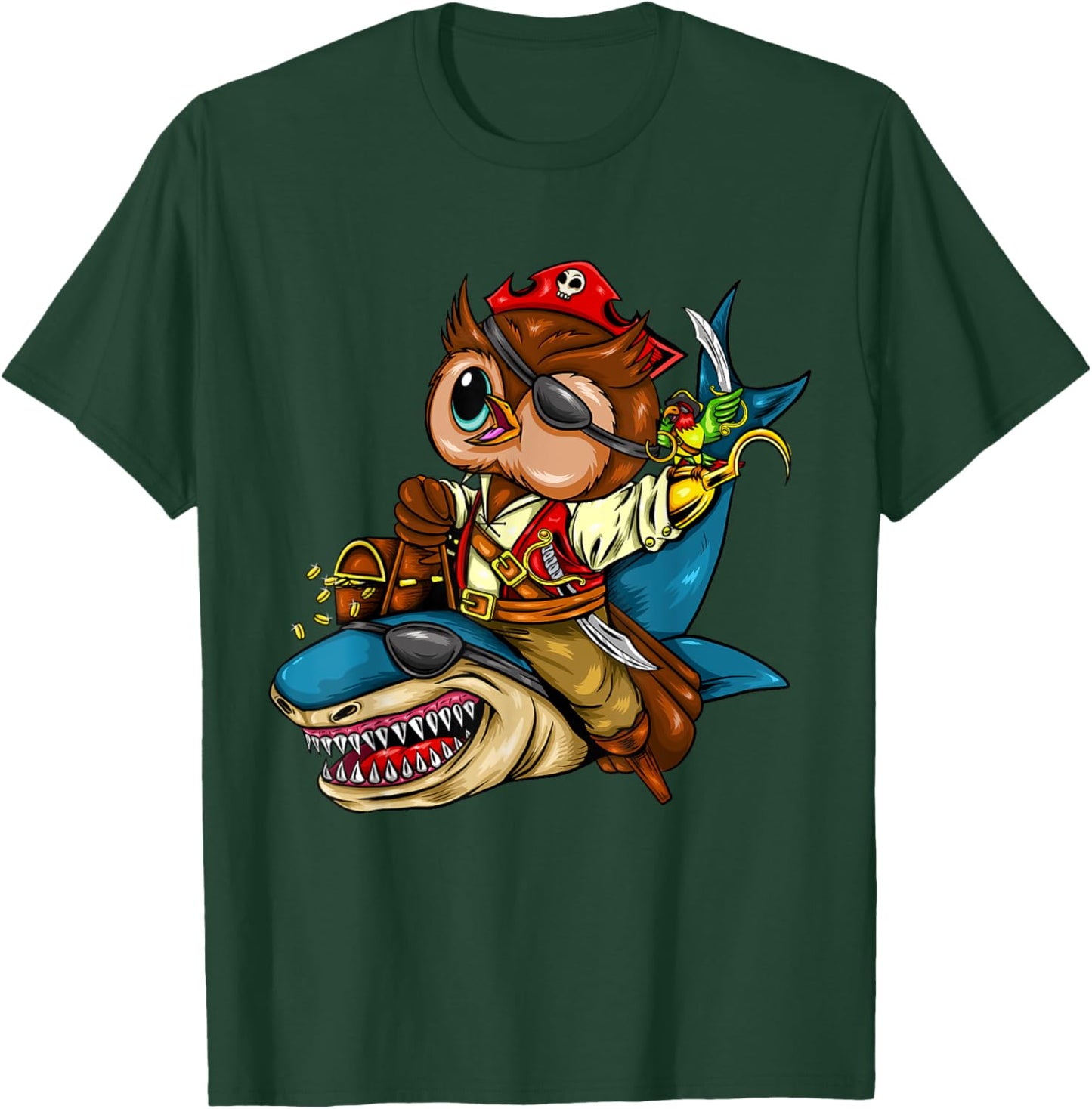 Pirate Owl Riding Shark Halloween T-Shirt - T-Shirt | Forest