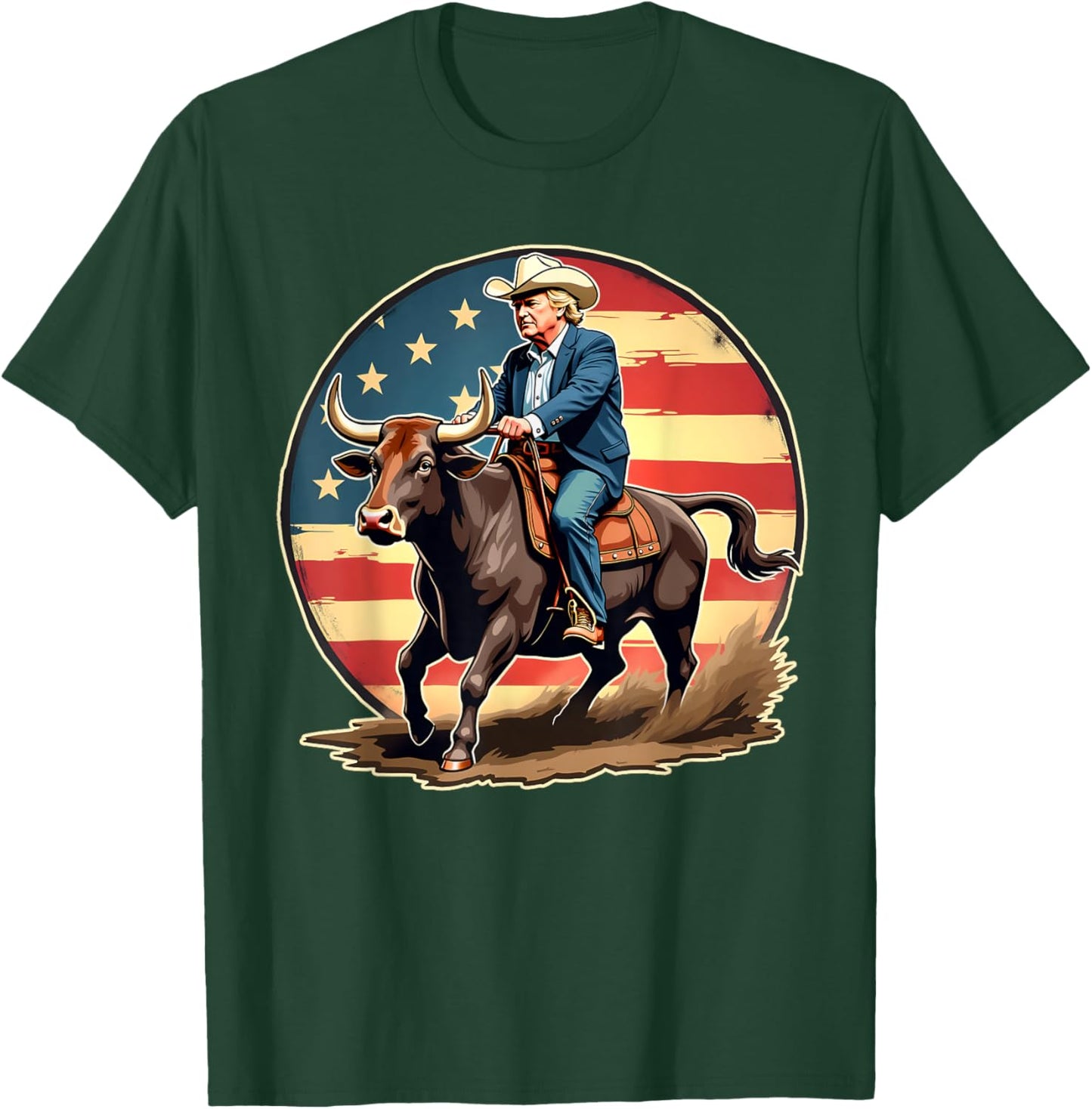 Trump Bull Rider American Flag USA Riding Rodeo Cowboy T-Shirt - T-Shirt | Forest