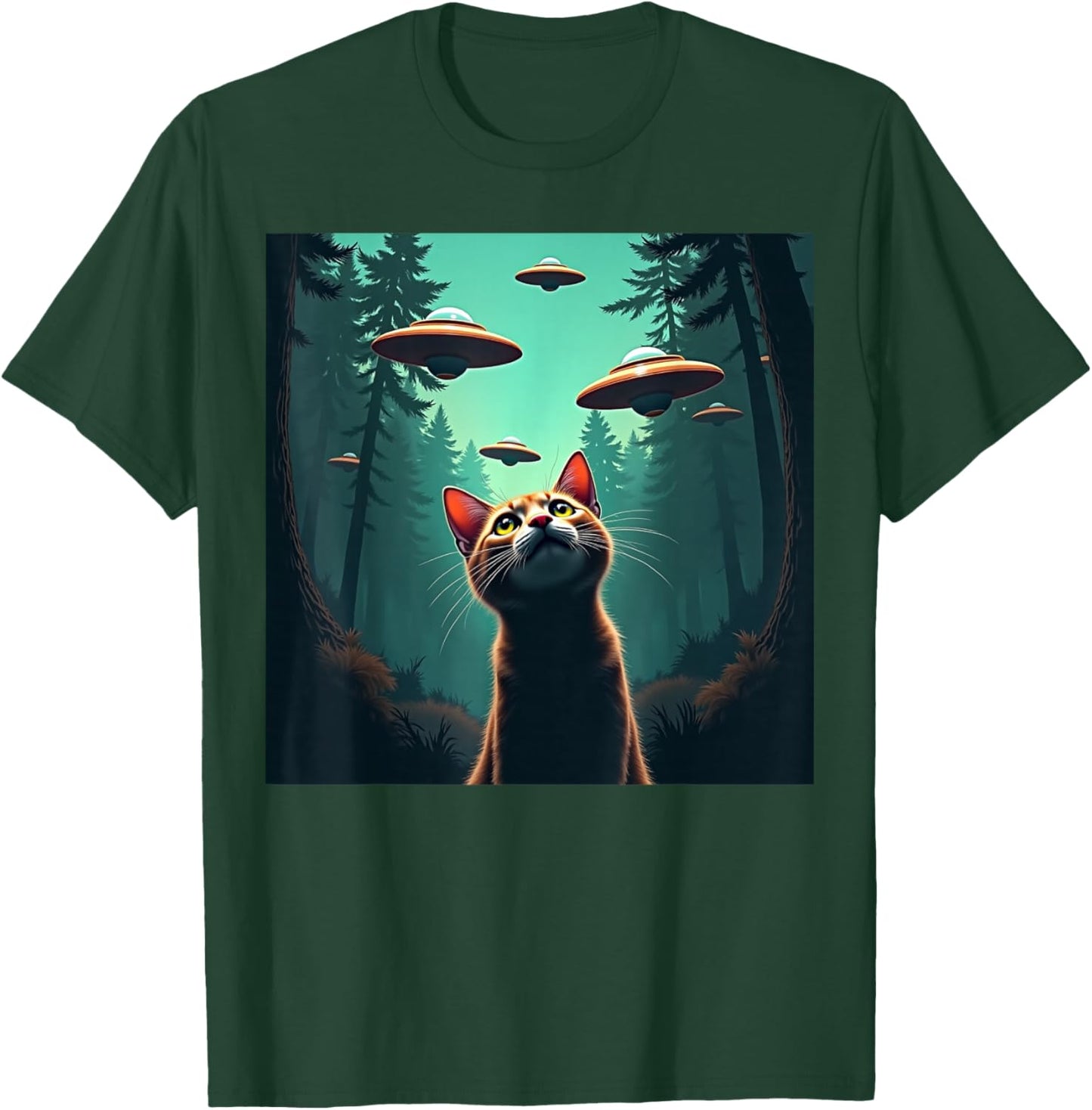 Cute Cat Selfie With UFO Invasion Alien Spaceship T-Shirt - T-Shirt | Forest