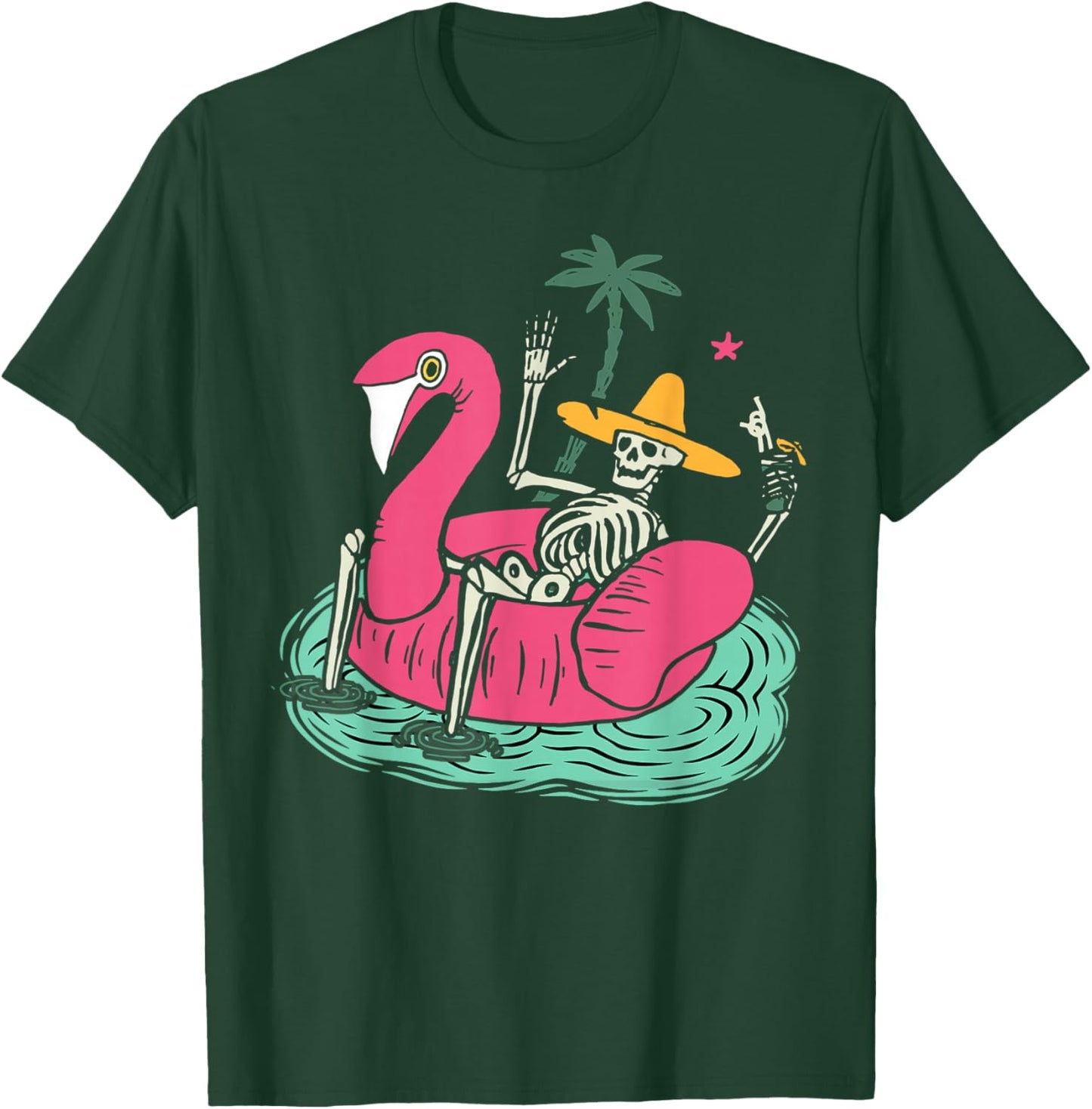 Skeleton Flamingo Float Vacation Beach Drink Retro Halloween Men Women T-Shirt - T-Shirt | Forest
