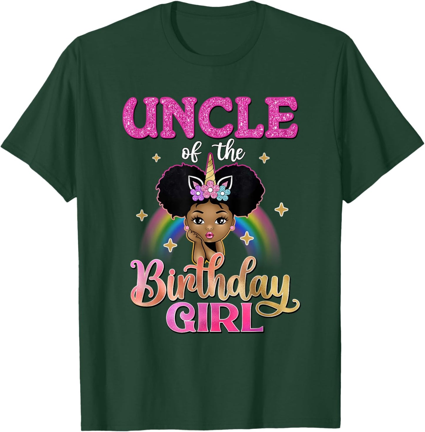 Uncle of The Birthday Girl Princess Afro Melanin Unicorn T-Shirt - T-Shirt | Forest