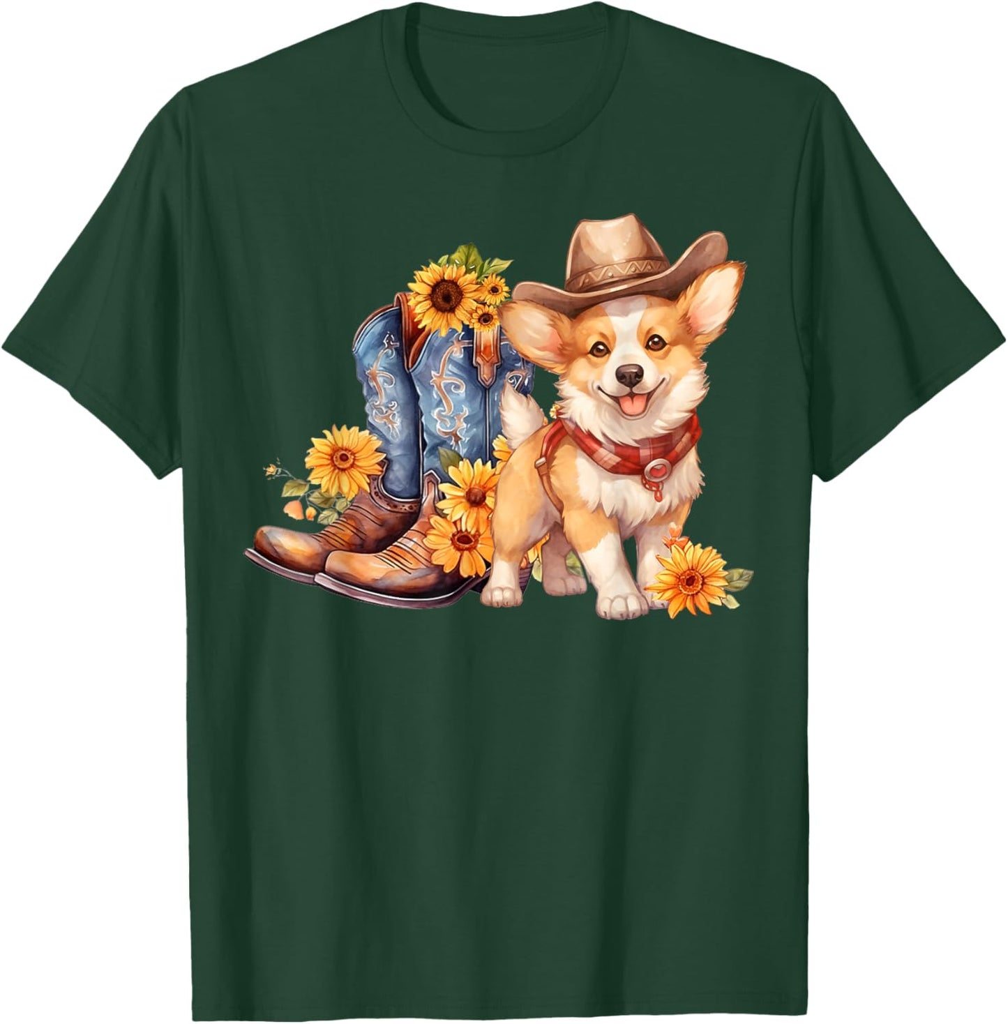 Pembroke Welsh Corgi Dog Cowgirl boots Cowboy hat Sunflower T-Shirt - T-Shirt | Forest