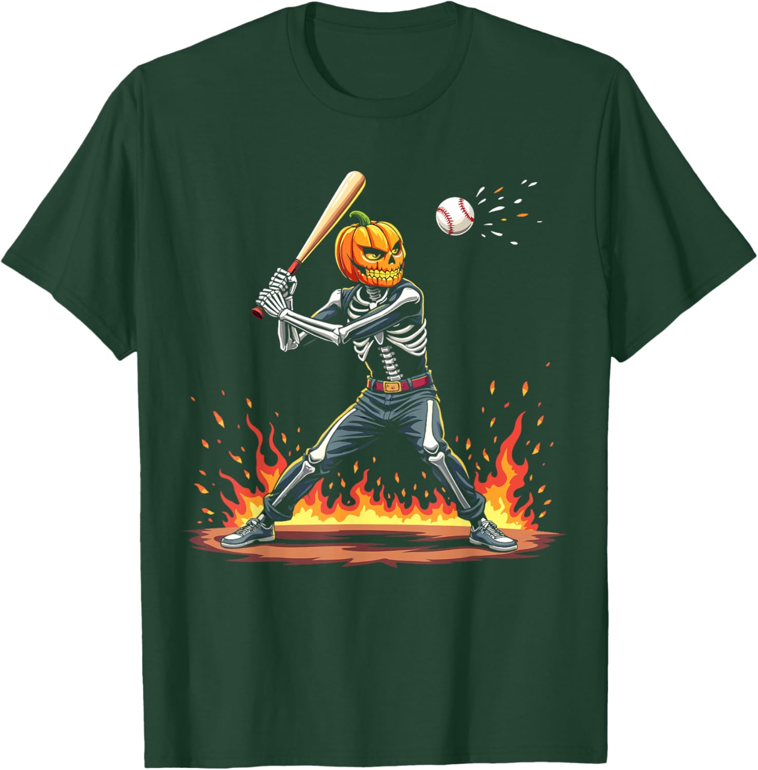 Pumpkin Head Skeleton Baseball Halloween Spooky Sports T-Shirt - T-Shirt | Forest