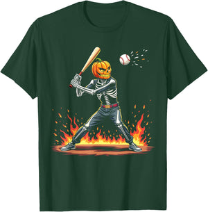 Pumpkin Head Skeleton Baseball Halloween Spooky Sports T-Shirt - T-Shirt | Forest